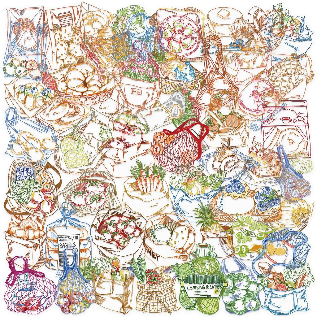Food Snacks Drawing - 50Pcs 컬러 라인 드로잉 음식 PET